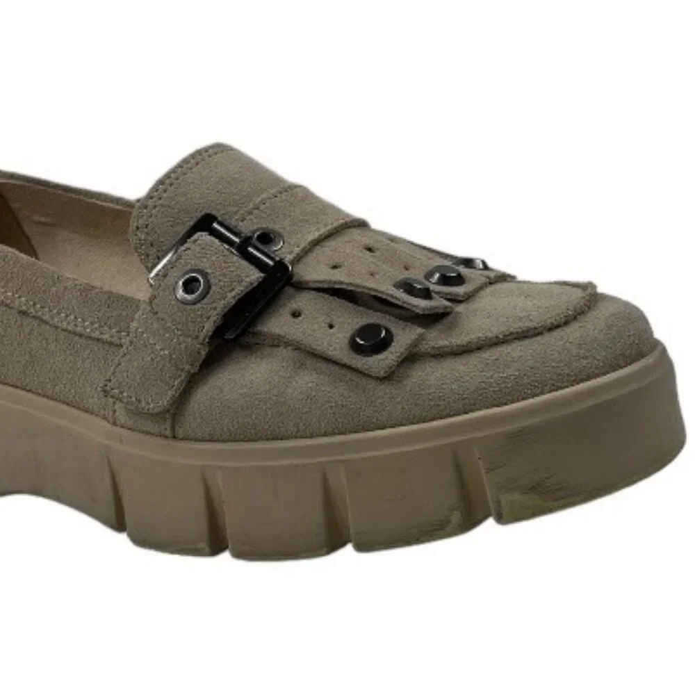 Geox Ghoula Italian Patent Suede Taupe Chunky Lug Loafers Buckle Size 38 (US 8)